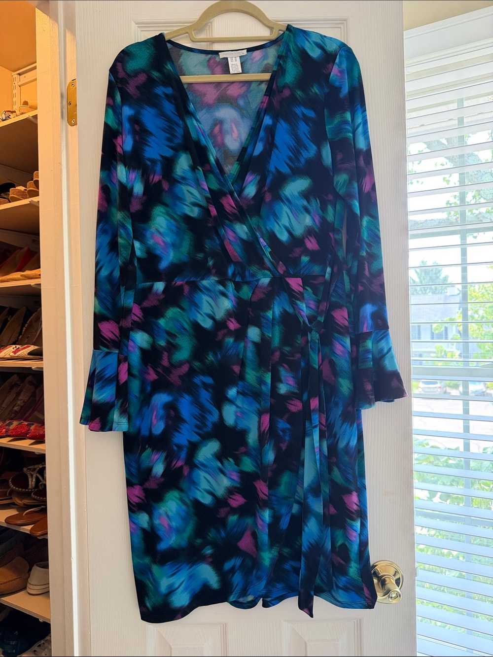 Women’s Faux Wrap Dress - Blue Teal Pattern